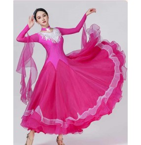 Women girls competition ballroom dance dresses fuchsia yellow color waltz tango foxtrot smooth dance long swing skirts dance gown for female